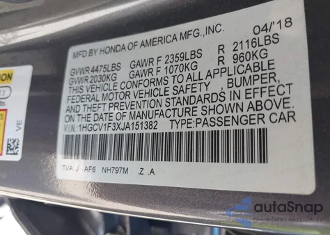 2018 Honda Accord Sport из США, поврежденный, VIN 1HGCV1F3XJA151382